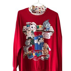 Vintage Nutcracker Red Christmas Sweatshirt Sz 3X  Gift Wrapping Cats Print Art